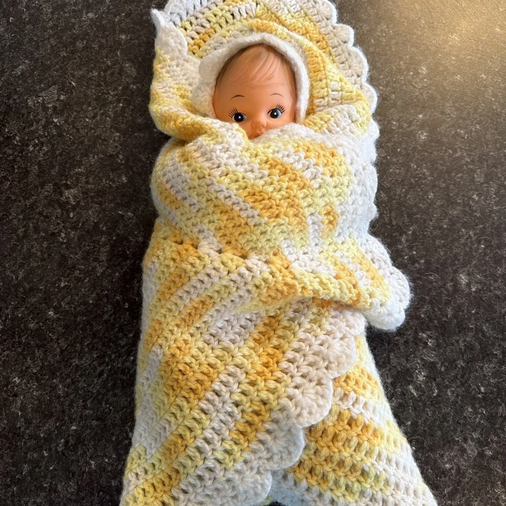 Vintage Plastic Doll With Bottle, crocheted blanket and body Brown Hair Blue Eye